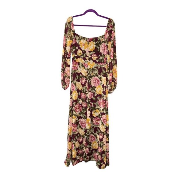 En Crème Floral Maxi Dress Boho Cutout Halter Long Sleeve Burgundy Yellow NWT M - Picture 8 of 12